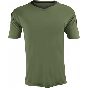 เสื้อยืดคอกวีสีเขียวมะกอกสำหรับผู้ชาย แขนสั้น ผ้าโพลีเอสเตอร์ 100% แห้งเร็ว ทรงปกติ ดีไซน์เรียบง่าย สไตล์ลำลอง แบบถัก - Product Image 1