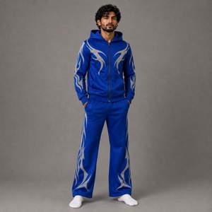 Ensemble de survêtement unisexe épais 2-en-1 bleu roi avec veste à capuche zippée et pantalon large à imprimé abstrait gris - Product Image 3
