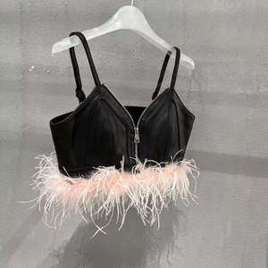 Women's Plus Size Black Leather Zip Front High Support <b>Bralette</b> <b>Top</b> with Crisscross Straps Eco-Friendly & <b>Pink</b> Feather Trim - Product Image 5