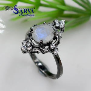 Bague en argent sterling 925 de style vintage avec pierre de lune naturelle ronde et accents de zircon cubique, bague de fiançailles pour femmes - Product Image 2