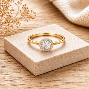 Bague de fiançailles pour femme en or massif antique, sertie d'un halo de diamants ronds brillants de laboratoire, couleur E, clarté VVS, 18 carats, bijoux fins. - Product Image 1