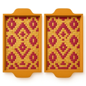 Rectangular Woven <b>Bamboo</b> Serving Tray With Integrated Wooden Handle Red And Natural Geometric Pattern - Product Image 5