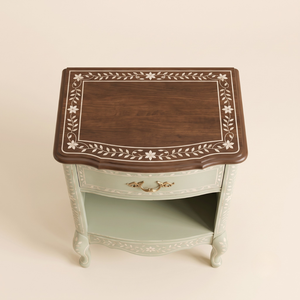 Vintage Bone Inlay Solid Wood Nightstand 1 Drawers Open <b>Shelf</b> <b>Bedside</b> Cabinet Turned Legs Farmhouse Durable -Multi Purpose Table - Product Image 3