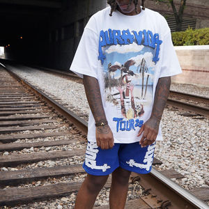 Ensemble T-shirt et short streetwear personnalisé en coton 100% à séchage rapide, respirant, avec épaules tombantes et impression en relief, vente en gros - Product Image 3