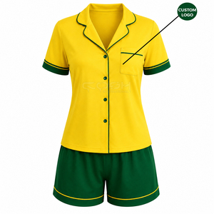 Cosh International Sisterhood Sorority Yellow Green Trim Short Sleeve Pajama <b>Set</b> Cotton Button Front Casual Sleepwear <b>Pjs</b> - Product Image 5