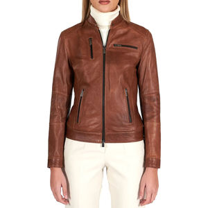 Women's Vintage Sheep Skin <b>Leather</b> Jacket Fashion Motorcycle Style Genuine Outerwear Stripe Knitted Breathable Cotton Lining - Product Image 5