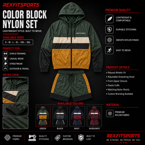 REXFIT SPORTS 2026 Ensemble veste et short unisexe personnalisé en nylon color block, survêtement léger à capuche pour la gym, le streetwear et les activités de plein air - Product Image 1