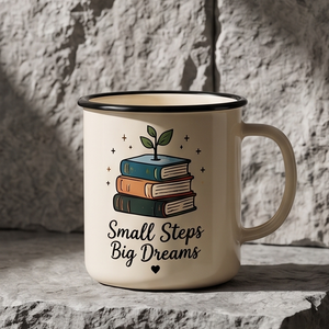 Inspirational Quote Metal Camp Cup Custom Logo Printing Heavy Duty Iron Enamel Mug Featuring Stacked Books and Growing Sprout - Product Image 5