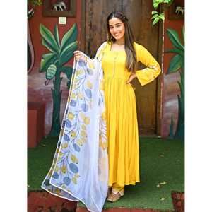 Ensemble de costume pour femme en organza de chiffon imprimé respirant jaune avec manches à motifs - Taille XS - Product Image 3