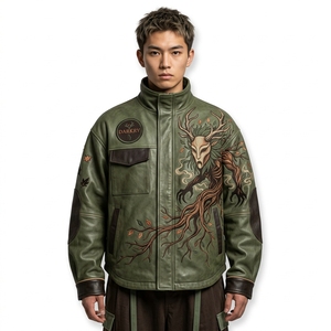 Green Forest Spirit Horned <b>Monster</b> Embroidered Leather Jacket Men Stand Collar Tactical Bomber Coat Pagan Streetwear Outerwear - Product Image 1