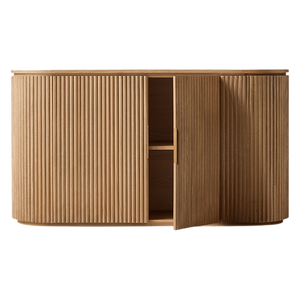 Contemporary Scandinavian <b>Sideboard</b> Credenza Solid Teak Ribbed Front Rounded Corner Large <b>Storage</b> Cabinet Minimalist - Product Image 2