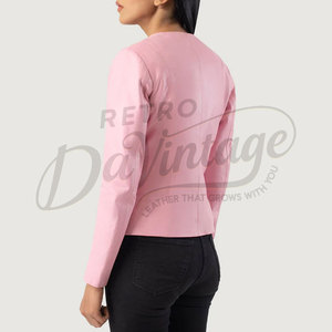 Premium Women Pink Real <b>Leather</b> <b>Jacket</b> Collarless Round Neck Slim Fit Soft Sheepskin Casual Coat Elegant <b>Leather</b> Outerwear - Product Image 2