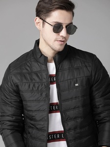 Men's Black <b>Quilted</b> Jacket Stand Collar Zipper Front Windproof Casual Solid Color Slim Fit Polyester <b>Wadding</b> Autumn Wear - Product Image 3