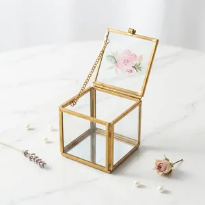 Artisan Design Modern <b>Square</b> Glass & Brass Jewelry Box with Gold Frame Decorative Storage for Vanity Dressing Tabletop Use - Product Image 2