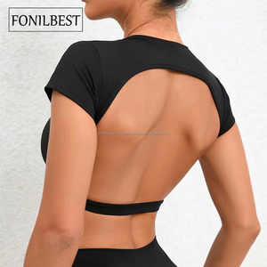 FONILBEST Haut de yoga sans dos à manches courtes dos nageur noir uni respirant pour femme, vêtements de sport, service OEM - Product Image 1