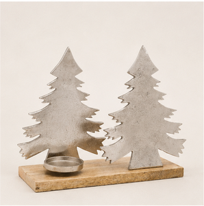 High Quality Silver Metal Christmas Tree Tealight Candle Holder With Sustainable Mango Wood Base Handmade Eco-Friendly Holiday - Product Image 3