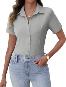 Camisa de Manga Corta Azul Claro para Mujer, Corte Entallado, Color Sólido, Cuello Camisero, Blusa de Oficina para Primavera/Verano - Product Image 5