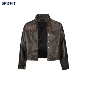 Brown Leather <b>Jacket</b> Moto Biker Style Stand Collar <b>Short</b> Length Regular <b>Sleeve</b> Solid Color Button Closure Autumn Wear - Product Image 1