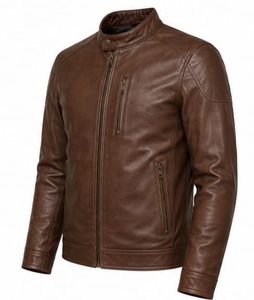 Chaqueta de moto de cuero original para hombre, azul y marrón, con cuello alto, cierre de cremallera, corte ajustado, manga regular, estilo color block para otoño - Product Image 2