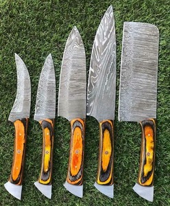 UMAR FAROOQ CUTLERY KITCHEN WARE <b>Set</b> of 5 Damascus Kitchen <b>Knives</b>, Custom Full Tang Yellow Pakka Wood Handle with Leather Roll - Product Image 2