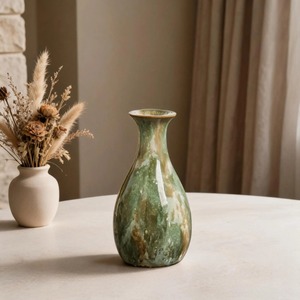 Vase en céramique style Wabi-Sabi, finition mate, fait main, décoration de table, vert brun moucheté, hauteur 8-16 pouces - Product Image 2