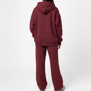 Conjunto Deportivo con Capucha Color Borgoña para Mujer, Manga Larga, Color Sólido, Ropa Casual con Bolsillos Laterales, Corte Holgado, Estilo Otoñal - Product Image 4
