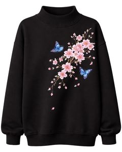 Sudadera de Forro Polar Negra Extra Grande Personalizada para Mujer, Cuello Alto, Estampado Floral de Mariposas, Sudadera Informal Cálida para Invierno, Ropa de Calle - Product Image 1