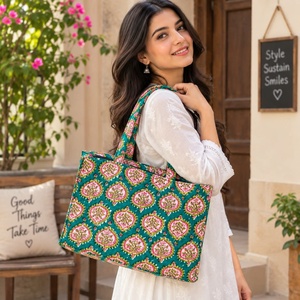 Teal for Floral Pattern Cotton <b>Tote</b> Bag <b>Zipper</b> Closure Bohemian Style Large Capacity Fashion All Seasons - Product Image 2
