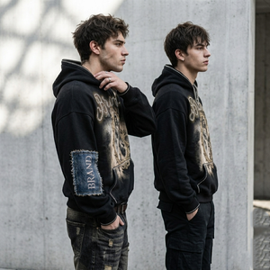 Sweat-shirt à capuche personnalisé avec motif ange en strass pour homme, en coton épais, avec patch sur les manches en denim, effet délavé vintage, coupe oversize, noir, style streetwear Y2K - Product Image 5