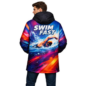 New Design Swim Parka <b>Jacket</b> for Swimmers, <b>Long</b> Insulated Hooded Coat with Premium Fabric, Stylish Blue Gradient Wave Print - Product Image 5