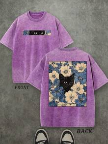 เสื้อยืดลายแมวพิมพ์ลายดอกไม้สองด้าน ผ้าคอตตอนเนื้อหนัก ซักแล้ว ทรงวินเทจ สตรีทแวร์ ใส่ได้ทั้งผู้ชายและผู้หญิง - Product Image 2