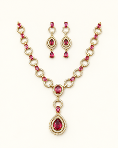 Oval <b>Link</b> Chain Necklace With Pear Drop Halo Pendant & Matching Earring Elegant American Diamond Jewelry Set for Women Wholesale - Product Image 5