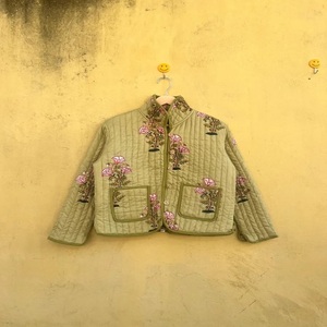 Veste matelassée en coton réversible à fleurs bohèmes avec col mandarin, manches trois quarts, style printemps, fermeture à boutons, manteau pour femme - Product Image 1