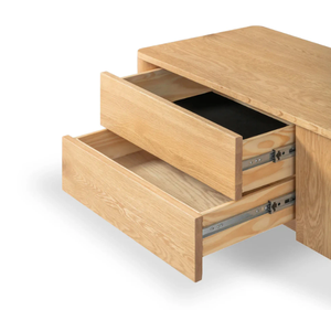 Meuble TV minimaliste en teck avec tiroir et porte coulissante, console multimédia moderne en bois, unité de divertissement pour salon - Product Image 4