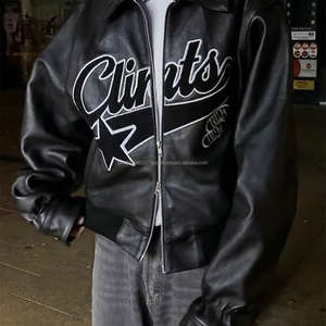Veste de motard en cuir streetwear personnalisée, style hip-hop, manches en cuir véritable, veste bomber varsity pour homme - Product Image 1