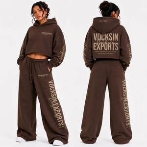 Ensemble pantalon large et sweat à capuche doublé polaire marron pour femme Vocksin INTERNATIONAL, 100 % coton, séchage rapide, style urbain, hiver - Product Image 3