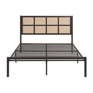 Lit plateforme Queen en métal avec finition bronze foncé et tête de lit en panneaux imitation cannage, mobilier de chambre décontracté style côtier, avec sommier intégré (1 pièce) - Product Image 5