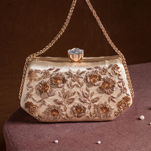 Zardozi Embroidered Pearl Silk Floral Half Moon Casual Classic Soft Fashion Wedding Clutch Purse Handmade Lightweight Magnetic - Product Image 1