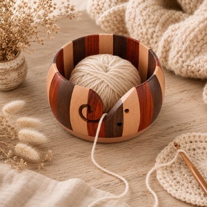 Wooden Yarn <b>Bowl</b> Round Simple Design Multicolor Hand <b>Knitting</b> Crochet Holder with Cutout Feature - Product Image 1