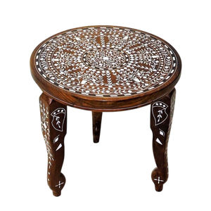 Table d'appoint ronde en bois de sheesham massif sculpté à la main de style marocain vintage, motif floral complexe, table basse décorative - Product Image 3