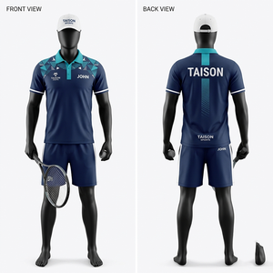 ชุดเทนนิสชายคุณภาพสูง 175 GSM ผ้าโพลีเอสเตอร์ผสมสแปนเด็กซ์ ระบายความชื้นได้ดี สีกรมท่า-เขียวอมฟ้า ดีไซน์แผงไหล่แบบกำหนดเอง พร้อมลายพิมพ์แบบรีดร้อน - Product Image 1