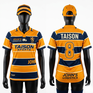 เสื้อรักบี้หญิง พรีเมียม ผ้าโพลีเอสเตอร์อินเตอร์ล็อค 260 GSM สีน้ำเงิน ขาว ทอง ดีไซน์ลายแผง  แบบซับลิเมชั่น  โลโก้สั่งทำได้ - Product Image 5