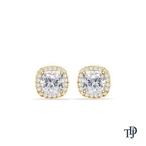 Boucles d'oreilles en or 14 carats avec halo de diamants de laboratoire taille coussin - Product Image 1