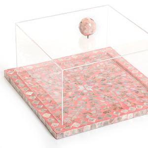 Premium custom mother of pearl <b>cake</b> <b>stand</b>, square pink seashell base with dust <b>cover</b>, ideal for high end tea parties - Product Image 4