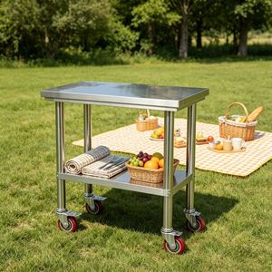 Elegante Tavolo da Lavoro in Metallo Regolabile in Altezza con Ripiano per Isole e Carrelli da Cucina - Product Image 6