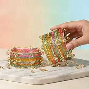 <b>Gold</b> Plated Glass Kashmiri <b>Bangles</b> with Emerald Cut Pearl Detailing Trendy Bridal & Wedding Occasion Wear - Product Image 3