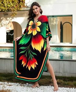 Robe longue florale à col en V, manches trois-quarts, coupe ample, style bohème, vêtements de plage pour femmes, polyester léger - Product Image 3