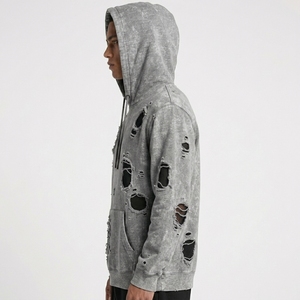 OEM Men's Autumn Waterproof Breathable Eco-Friendly Heavyweight Solid Pattern Cotton Fleece Acid Washed Distressed Front Hoodie - Product Image 3