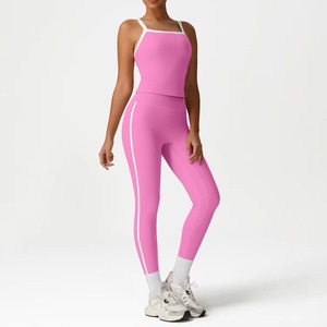 Women's Seamless Knitted <b>Bodysuit</b> With Side Stripe Full Length <b>Cami</b> Square Neck Stretch Activewear Red And Blue - Product Image 4