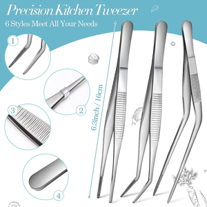 Pince de cuisine de précision 6 pièces en acier inoxydable, ustensiles alimentaires pour la cuisson, la pâtisserie, le service et la présentation, 6,3 pouces - Product Image 1